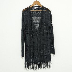Women's black fringe cardigan, bohemian open knit lace, XXL